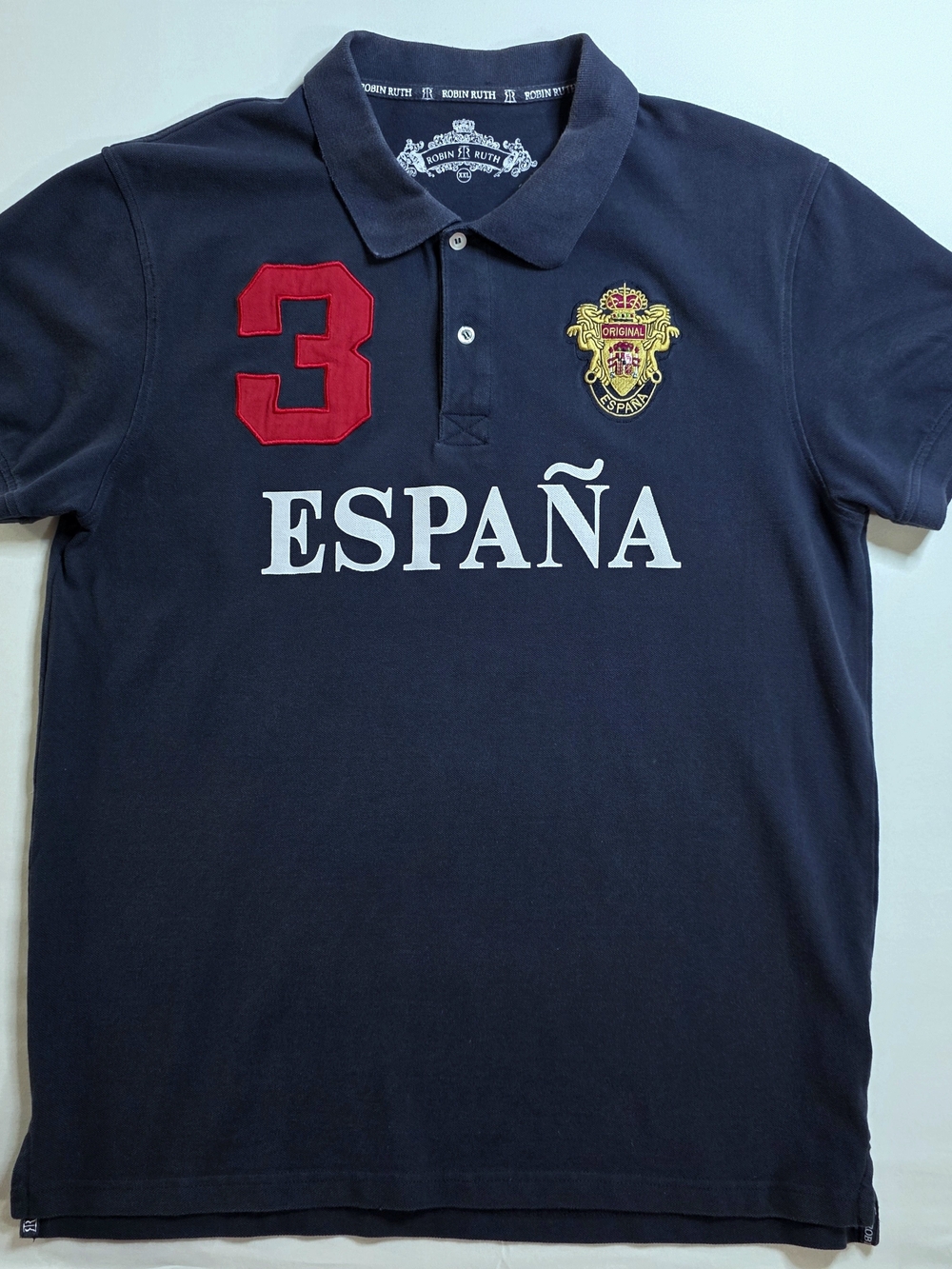 Robin Ruth Navy Polo with Red Patch and White España Print-Size 2XL